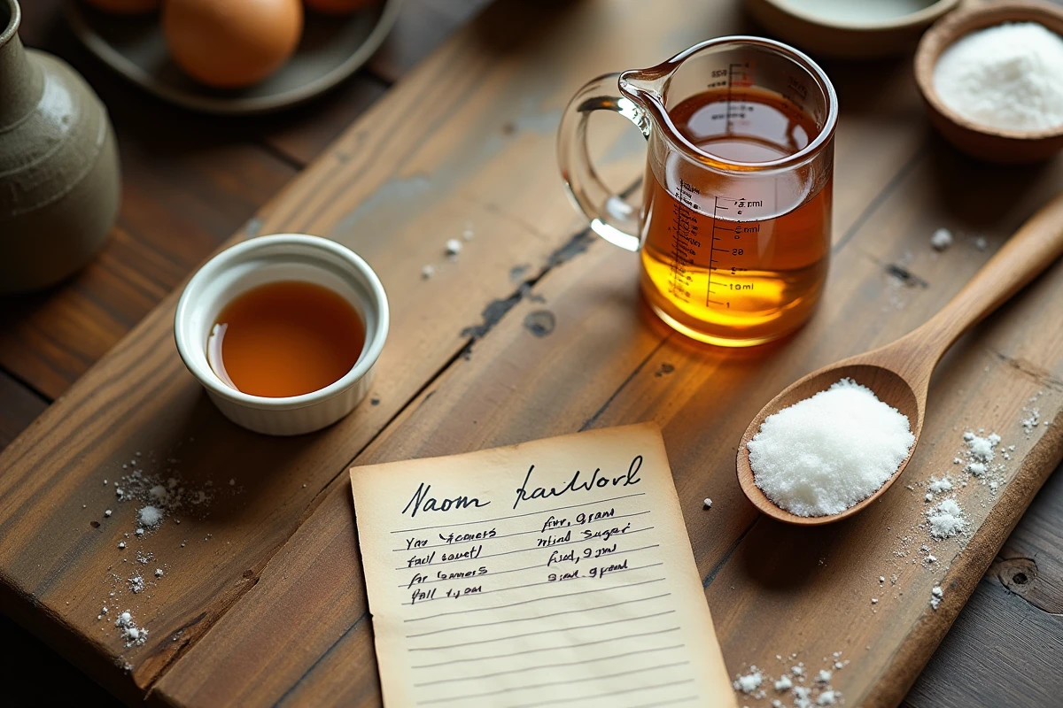 Vue de dessus d'une table en bois rustique avec un pichet gradué à 125ml, un ramequin et une fiche recette manuscrite indiquant les conversions grammes-centilitres
