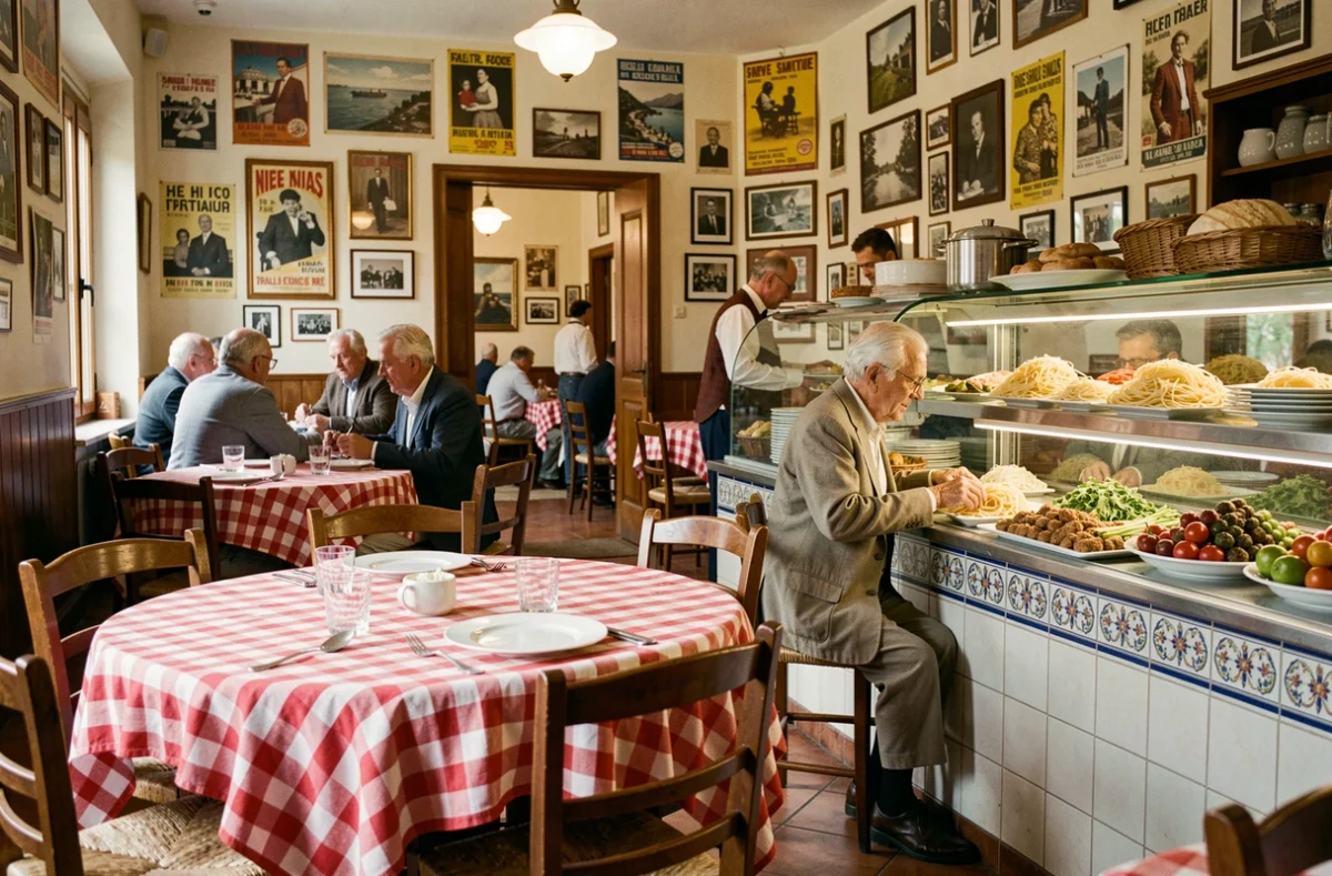 Salle à manger chaleureuse du restaurant Acchiardo à Nice avec nappes à carreaux rouges et blancs, comptoir de plats traditionnels niçois et atmosphère familiale vintage