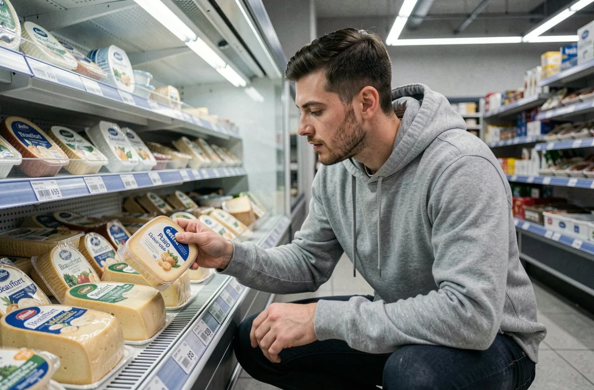 Client comparant le prix du Beaufort en rayon fromagerie d'un supermarché français