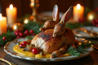 Agneau rôti avec sauce moutarde sur table festive de Noël