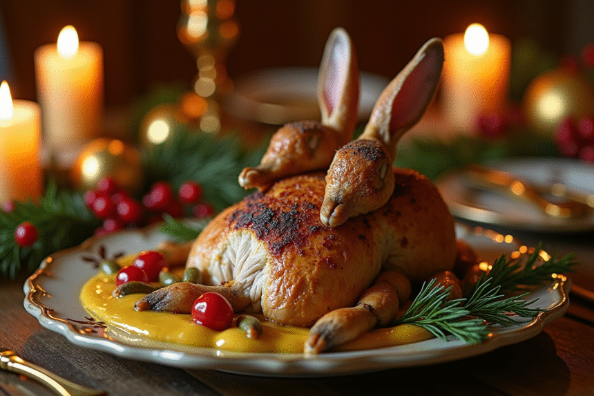 Agneau rôti avec sauce moutarde sur table festive de Noël