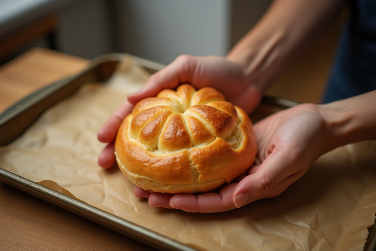Mains d’un pâtissier soulevant un choux doré