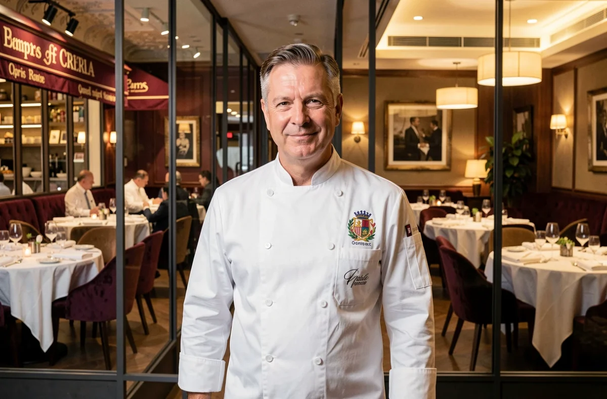 Chef cuisinier Alain Ducasse en veste blanche devant plusieurs restaurants de son empire culinaire mondial