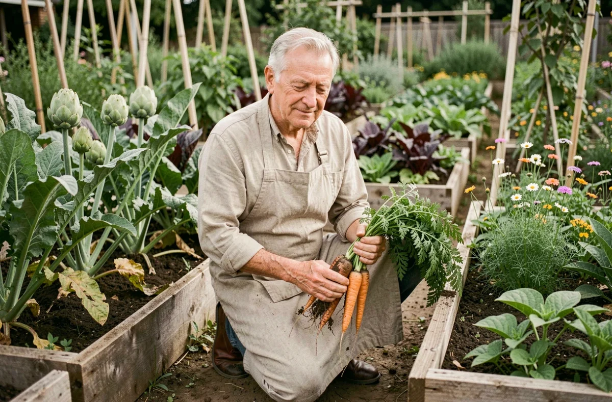 Alain Passard dans son potager récoltant des légumes anciens qui composent directement la carte de son restaurant
