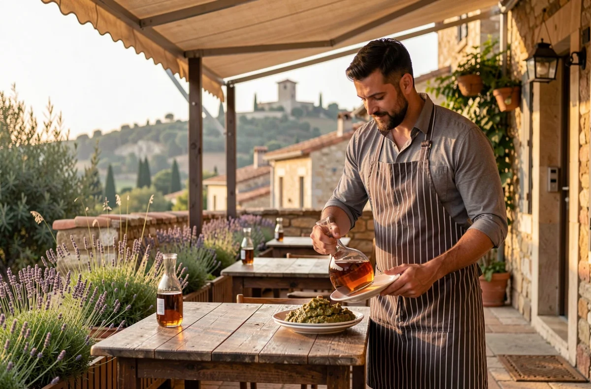 Terrasse provençale de L'Ami Provençal à Fontvieille avec serveur posant une carafe de pastis et tapenade, planteurs de lavande et silhouette du Moulin de Daudet en arrière-plan