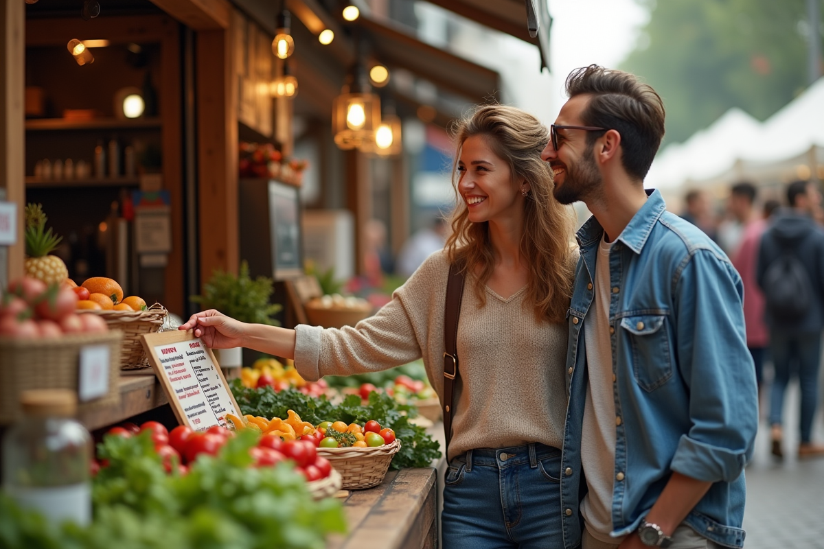 Deux amis découvrant un stand de nourriture au marché artisanal