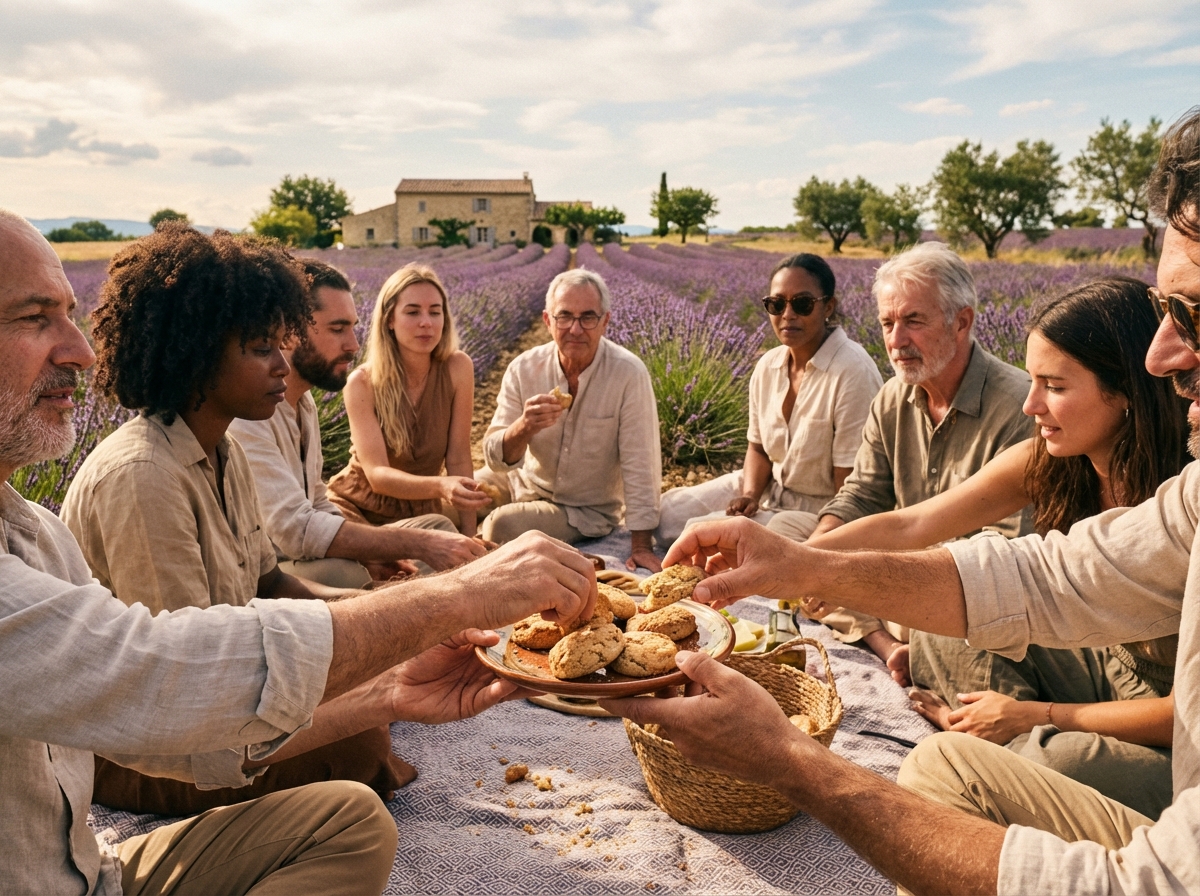 Groupe d amis partageant des biscuits dans un champ de lavande