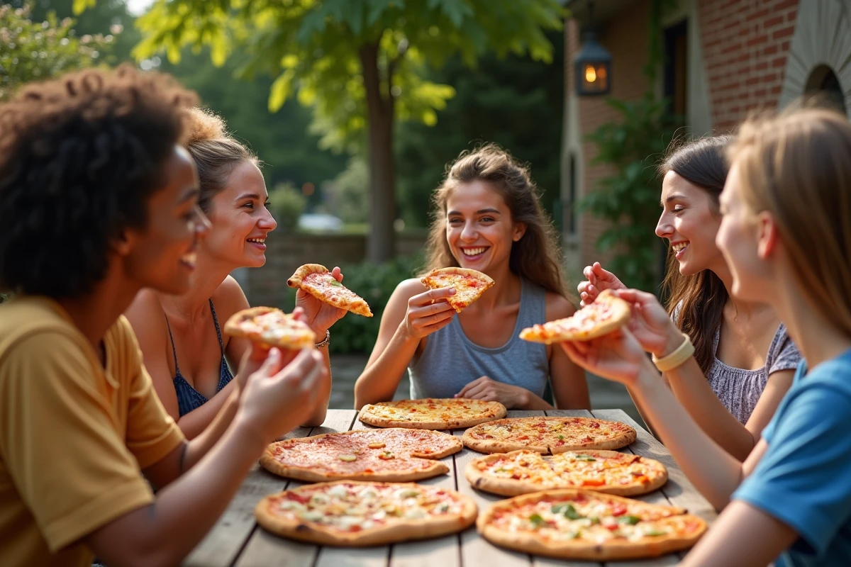 Groupe d amis dégustant des pizzas lors d un pique nique en extérieur