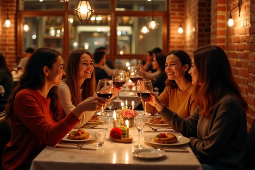 Groupe d'amis qui fête un anniversaire au restaurant Ober Mamma à Paris 11 avec verres de vin et décoration italienne chaleureuse