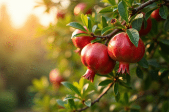 Pommier en fleurs avec fruits rouges lumineux en plein jour