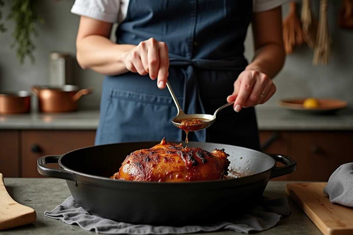 Cuisinière arrosant un gigot de chevreuil dans une cocotte en fonte lors de la cuisson au four