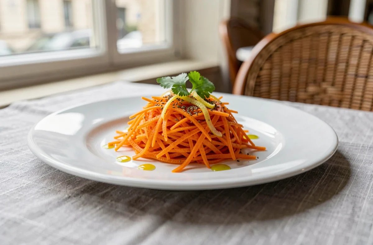 Assiette de carottes râpées dressée avec cumin, zeste de citron et coriandre, entrée de bistrot parisien