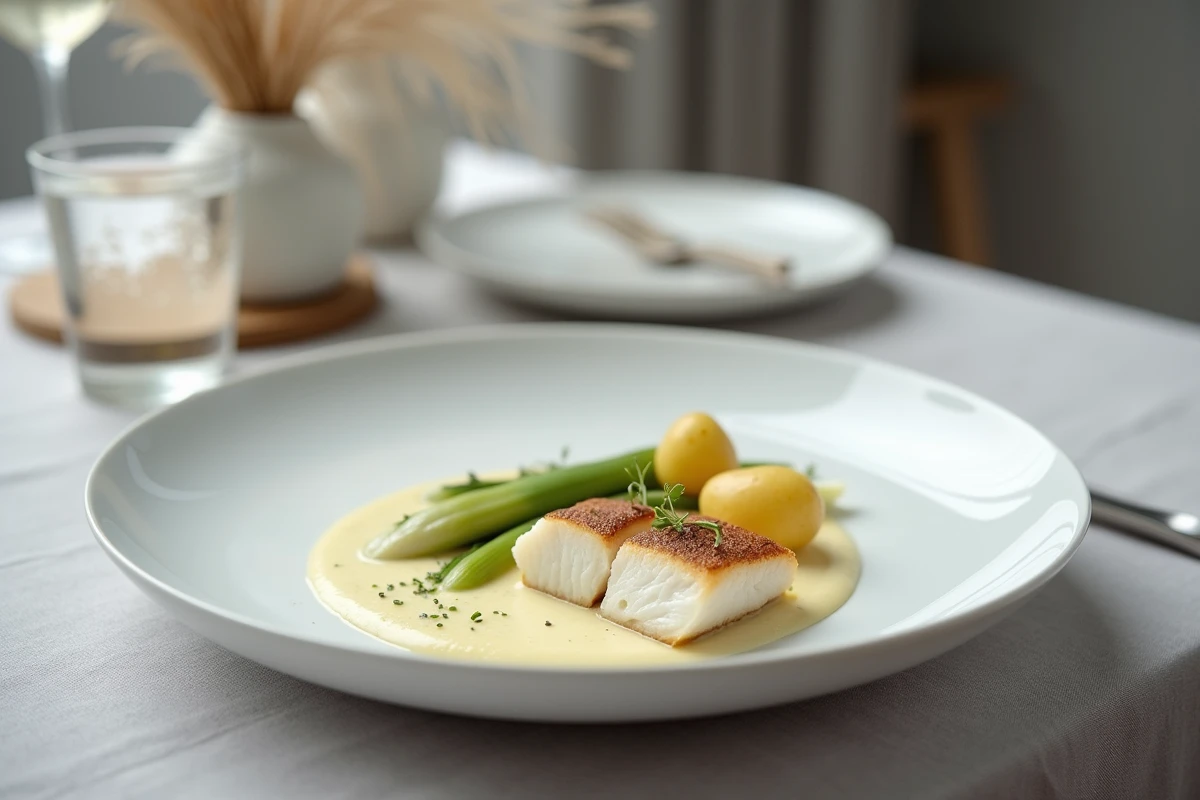Assiette équilibrée avec fondue de poireaux légère, poisson et pommes de terre vapeur, repas sain et léger