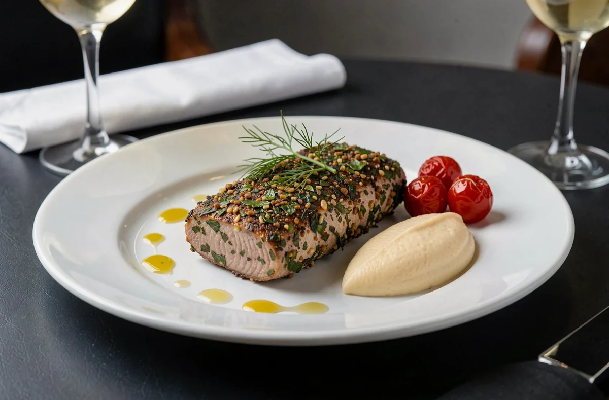 Assiette de filet de julienne en croûte d'herbes dressée façon bistrot avec purée de panais et tomates cerises