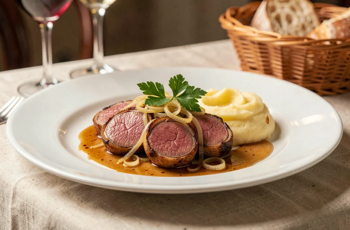 Assiette de rognon de veau fondant et rosé avec sauce aux échalotes et cognac, dressée dans un bistro français