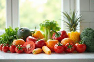 Assortiment de légumes et fruits frais sur un plan de travail lumineux