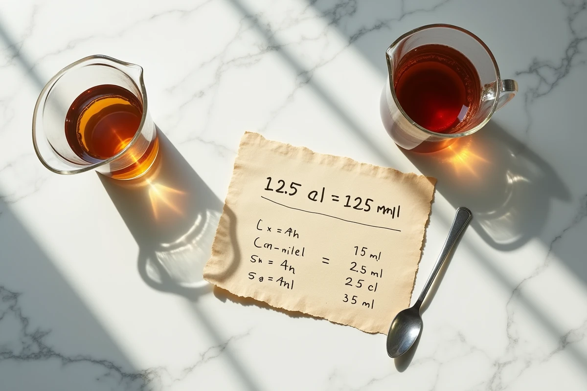 Vue aérienne d'une carafe graduée à 125 ml avec une fiche de conversion des centilitres en millilitres