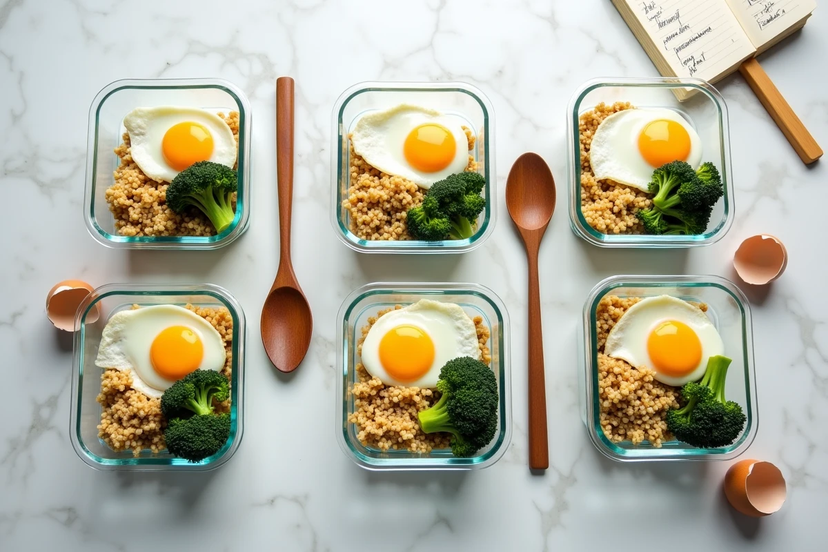 Boîtes de préparation repas alignées avec des œufs au plat et quinoa pour une semaine de batch cooking protéiné