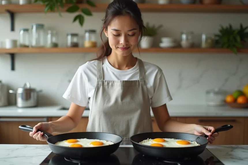 Femme préparant plusieurs œufs au plat en même temps dans une cuisine moderne pour le batch cooking protéiné