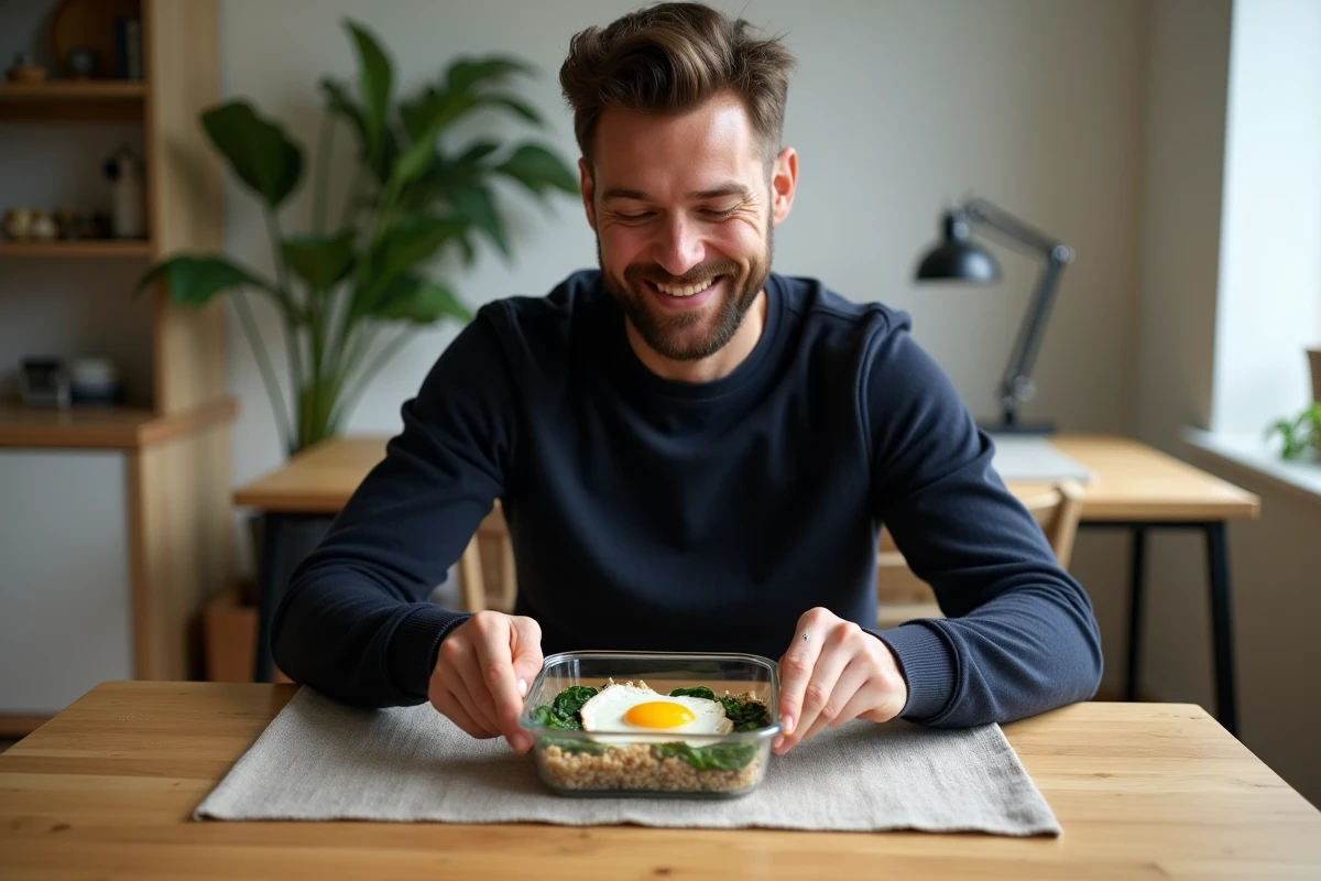 Homme ouvrant une boîte repas batch cooking avec œuf au plat et riz complet dans une salle à manger scandinave