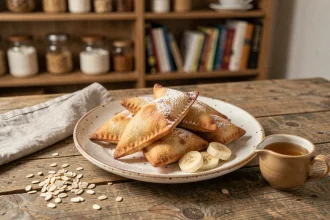 Assiette de beignets à la banane maison moins sucrés, présentés sur une table en bois avec du miel et des tranches de banane fraîche