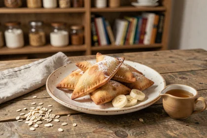 Assiette de beignets à la banane maison moins sucrés, présentés sur une table en bois avec du miel et des tranches de banane fraîche