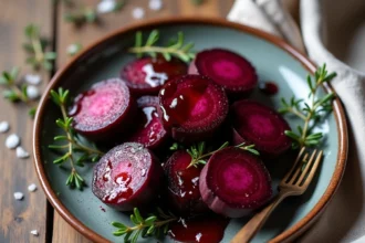 Betteraves rouges rôties caramélisées sur une assiette en céramique rustique avec du thym frais et réduction balsamique