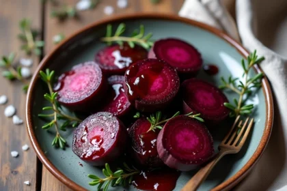 Betteraves rouges rôties caramélisées sur une assiette en céramique rustique avec du thym frais et réduction balsamique