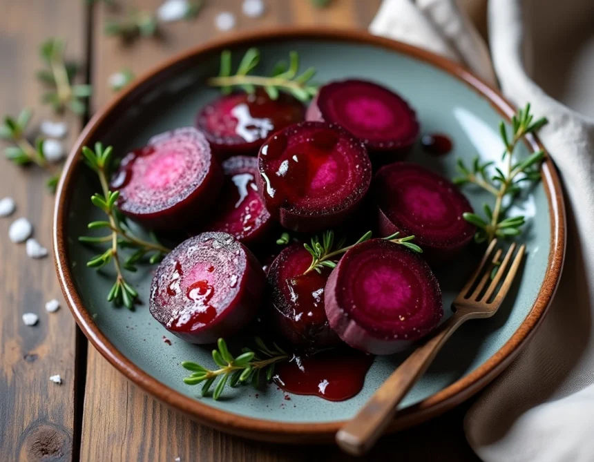 Betteraves rouges rôties caramélisées sur une assiette en céramique rustique avec du thym frais et réduction balsamique
