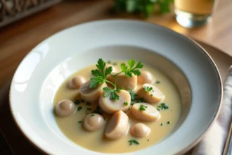 Blanquette de veau maison servie dans un bol en céramique blanche avec sauce crémeuse et persil frais