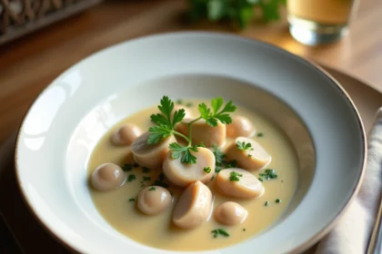 Blanquette de veau maison servie dans un bol en céramique blanche avec sauce crémeuse et persil frais
