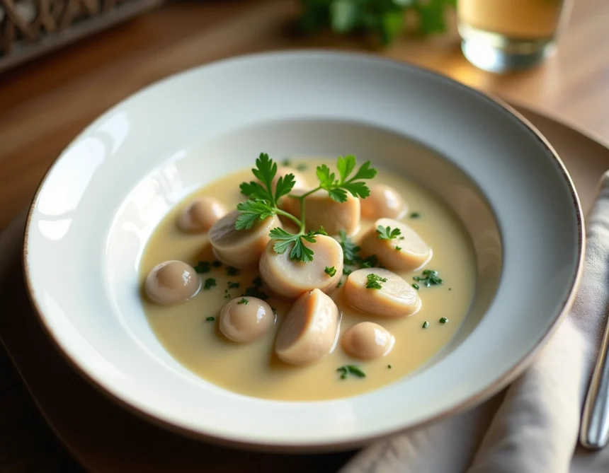 Blanquette de veau maison servie dans un bol en céramique blanche avec sauce crémeuse et persil frais