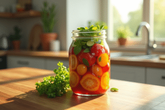 Bocal rempli de légumes colorés en fermentation sur un plan de travail lumineux
