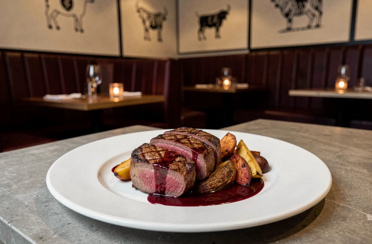 Assiette de bœuf premium soigneusement dressée au restaurant Boeuf and Cow à Caen