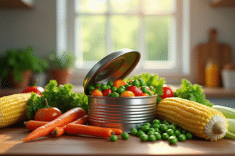 Boîte de légumes mélangés ouverte sur un plan de travail lumineux
