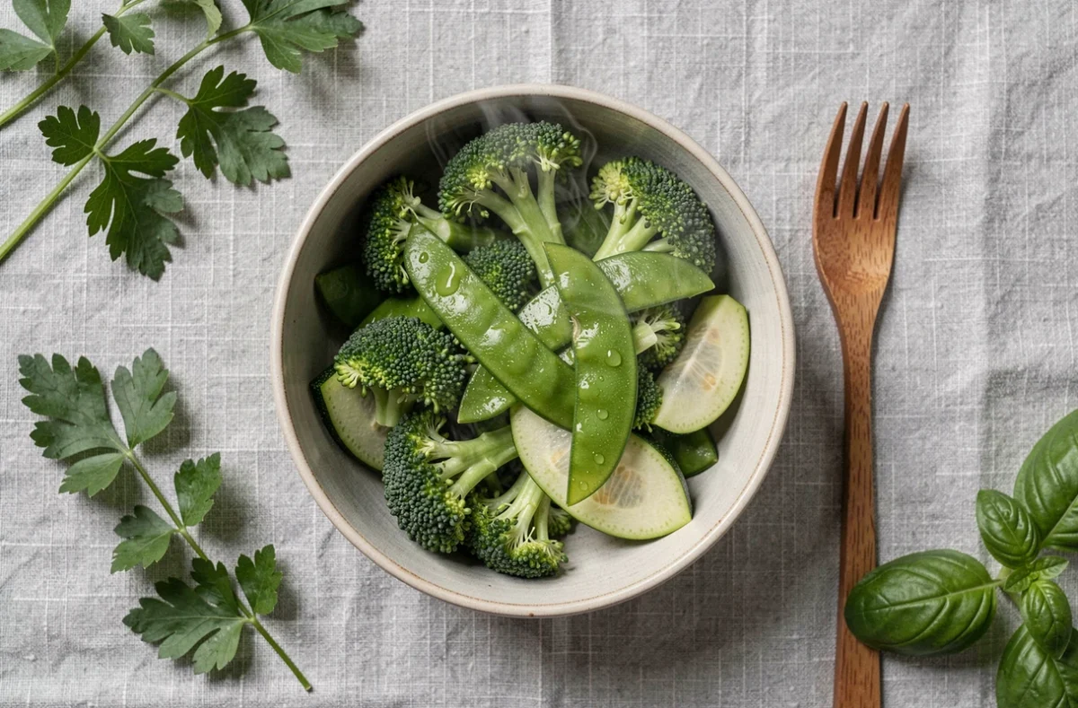 Vue du dessus d'un bol de légumes verts vapeur comme le brocoli et les pois gourmands sur une nappe en lin gris avec des herbes fraîches