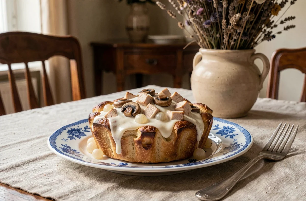 Bouchée à la reine individuelle dressée sur assiette en porcelaine avec sauce veloutée au poulet et champignons, sur nappe de lin rustique
