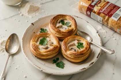 Bouchées à la reine maison garnies de sauce crémeuse au poulet et champignons, présentées sur une assiette blanche en céramique avec persil frais