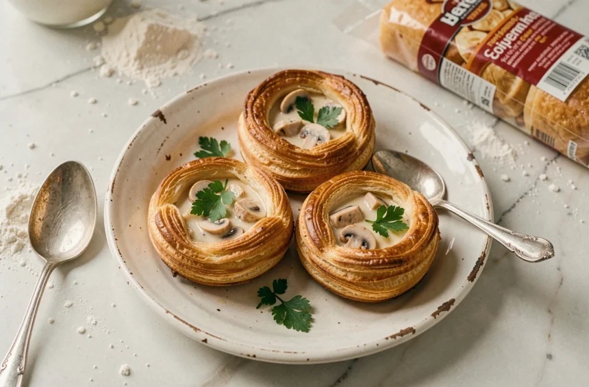 Bouchées à la reine maison garnies de sauce crémeuse au poulet et champignons, présentées sur une assiette blanche en céramique avec persil frais