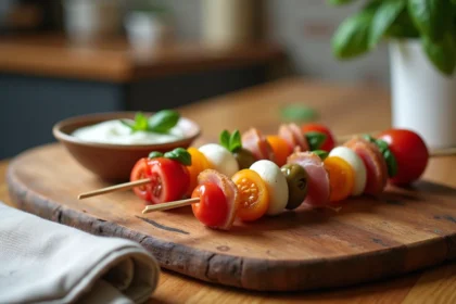 Plateau de brochettes apéro préparées la veille sur une planche en bois rustique avec tomates cerises, mozzarella et jambon cru