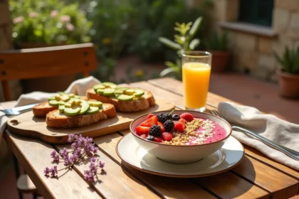 Table de brunch healthy en terrasse à Hyères avec açaí bowl, jus d'orange frais et toast avocat sur fond de végétation méditerranéenne