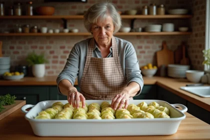 Femme préparant des choux farcis dans une cuisine chaleureuse