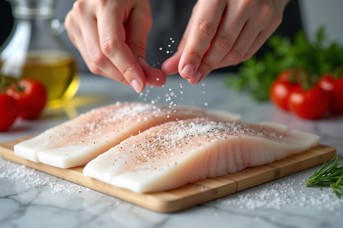 Cabillaud cru assaisonné avec sel et poivre sur plan de travail