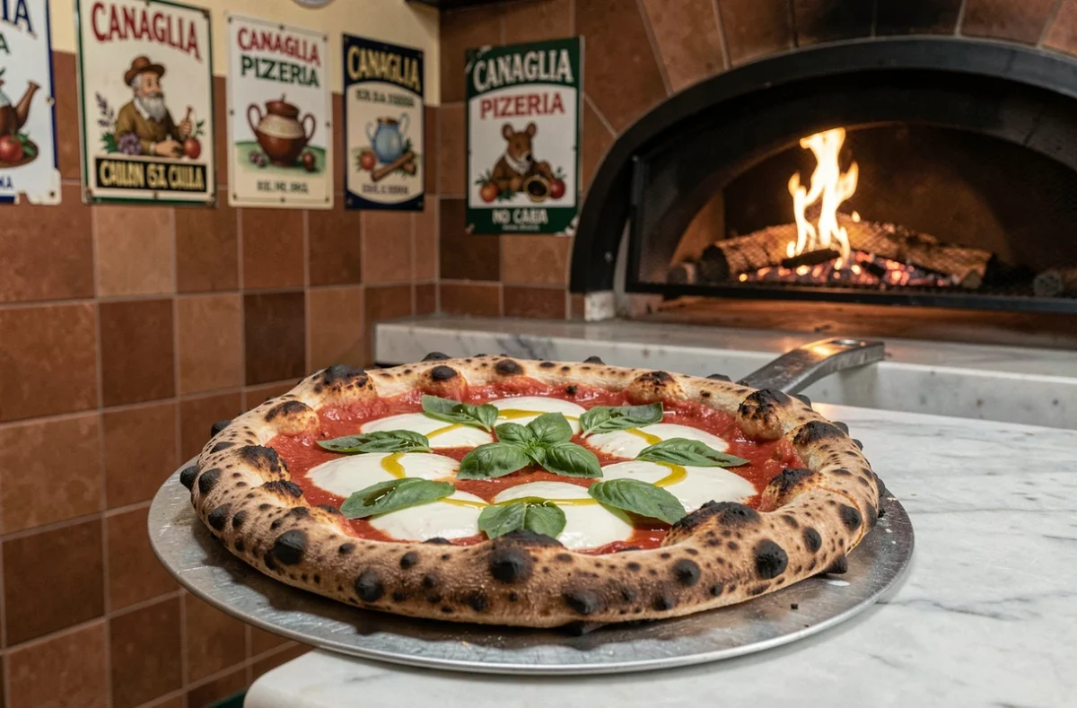 Pizza napolitaine sortant du four à bois avec mozzarella et basilic frais à la Canaglia Pizzeria de Caen