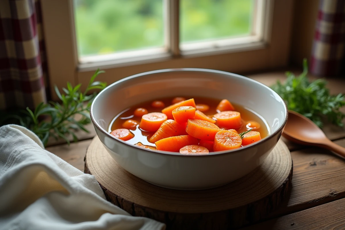 Carottes cuites dans un bol en céramique sur une table rustique