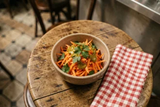 Bol de carottes râpées à la vinaigrette moutardée servi dans un bistrot français, vue de dessus