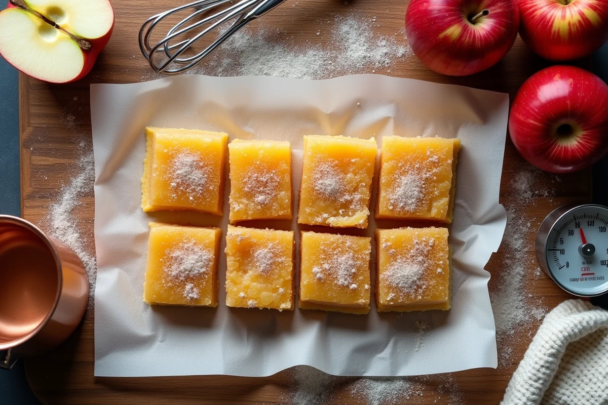 Vue aérienne de carrés de pâte de fruit à la pomme sucrés sur papier cuisson, avec thermomètre à sucre et pommes fraîches