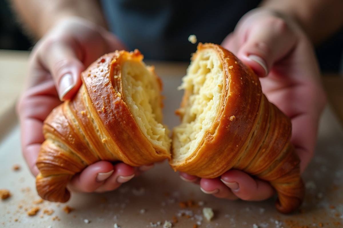 Mains cassant un croissant pour voir ses couches beurrées