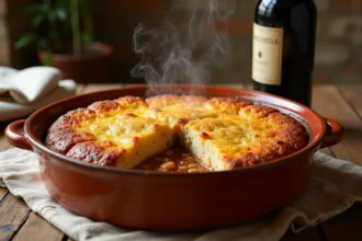 Cassoulet toulousain authentique en terrine de terre cuite avec croûte dorée, haricots blancs, saucisses de Toulouse et confit de canard, posé sur une table en bois rustique