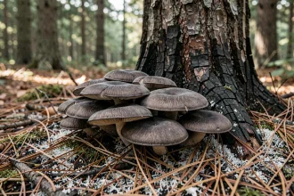 Champignons charbonniers (Tricholoma carbonarium) poussant au pied d'un tronc de pin brûlé dans une forêt française